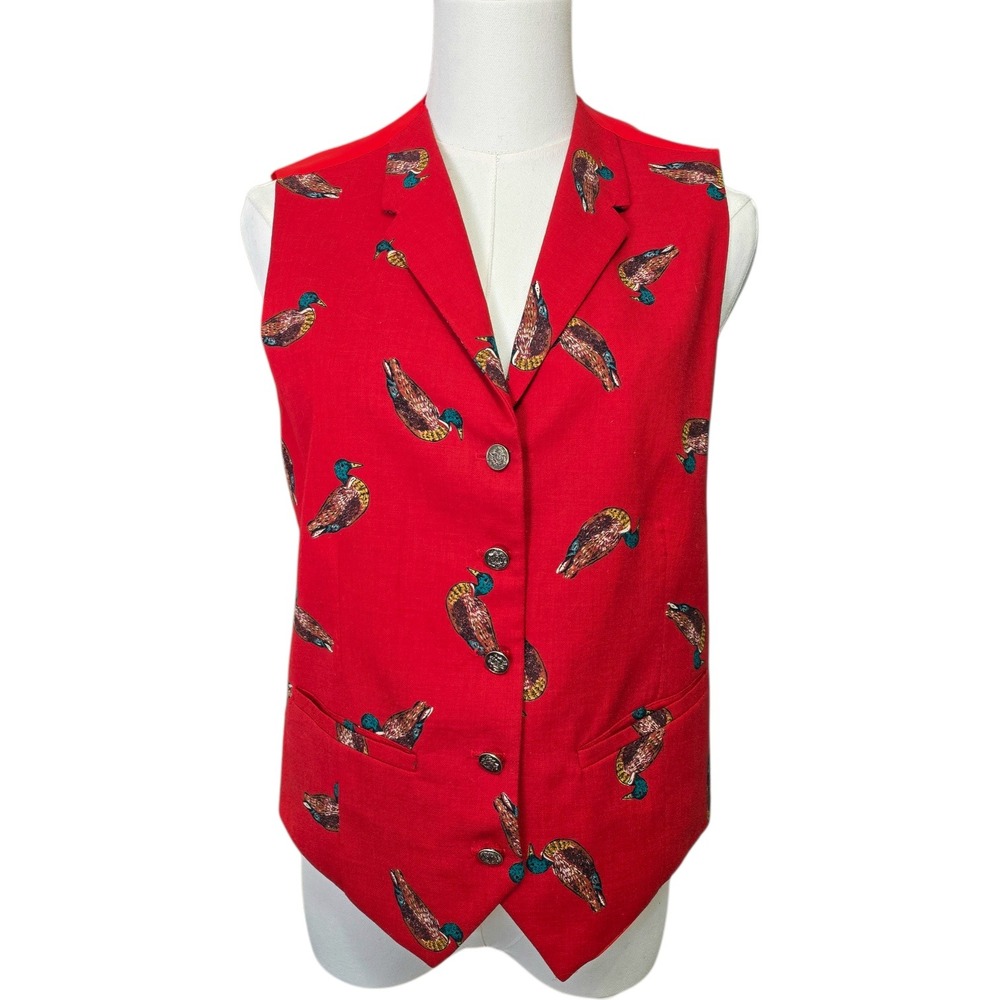 Vintage Talbots Viyella Red‎ Mallard Print Vest Cotton Wool 90s Preppy Womens 8